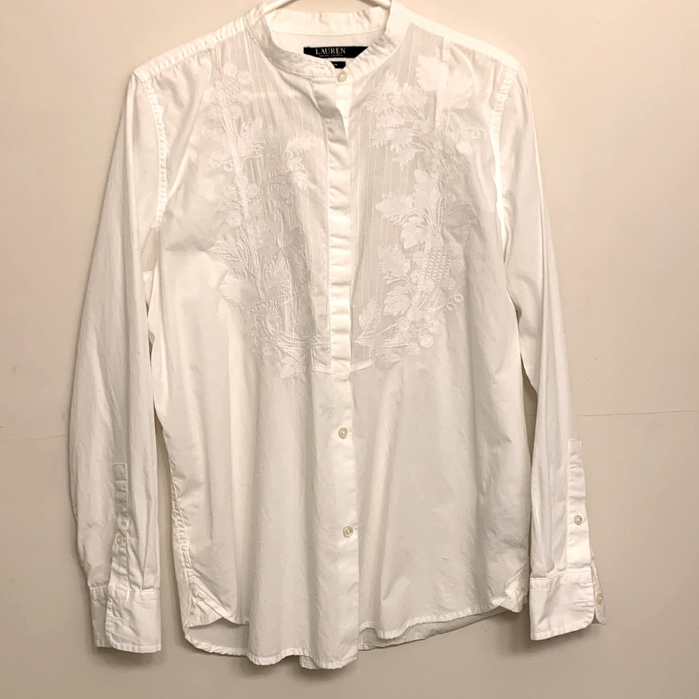 Ralph Lauren White Blouse Long Sleeve Embroidery front